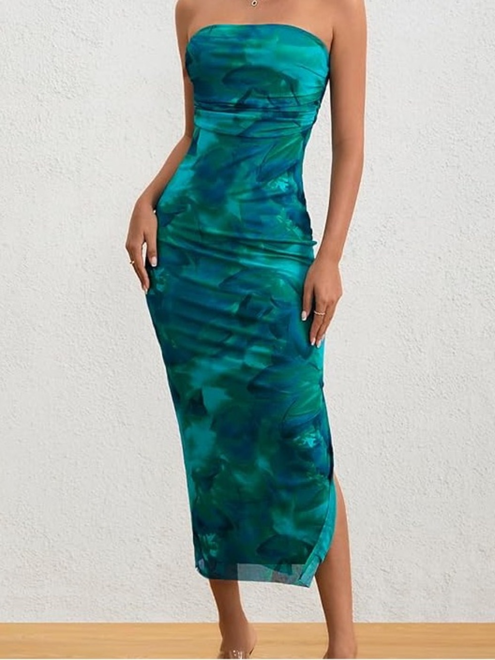 Teal & Blue Flower Strapless Bodycon Mesh Midi Dress